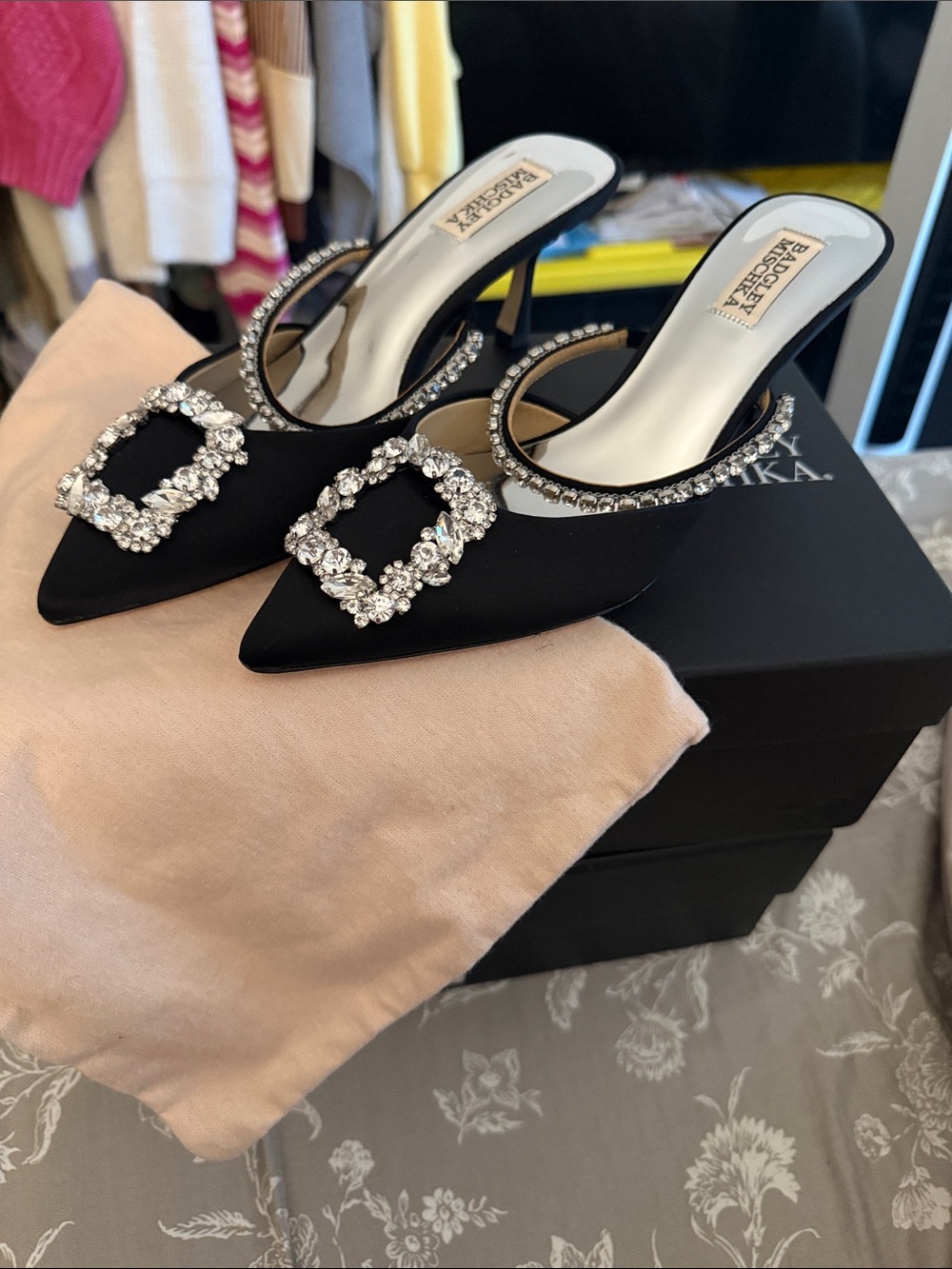 Badgley Mischka Black Crystal-Embellished Pointed Mules